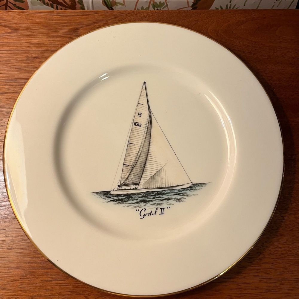 Vintage Nautical Cream Plate with Gold Trim 1962 Delano Gretel II Sailboat